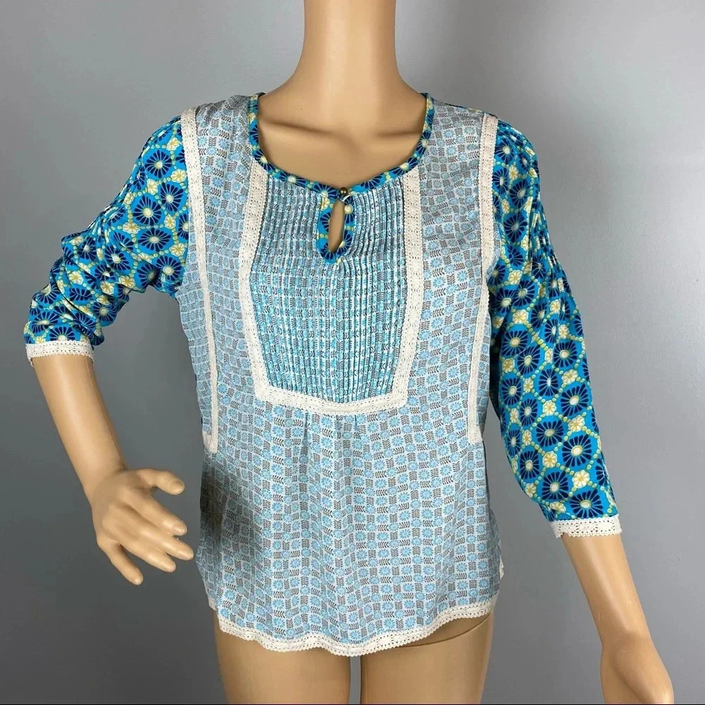 Matilda Jane Womens XS 3/4 Length Sleeve Blouse Teal and Yellow Floral Flowy